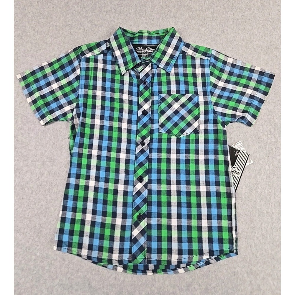 Silver Stone‎ Shirt Boys Size 4 Blue Plaid Short Sleeve Casual Button Up NWT